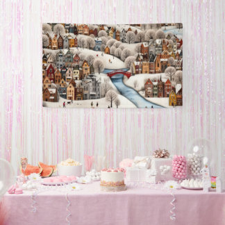 Winter Village Scene Cozy Snowy Town  Banner