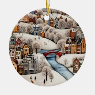 Winter Village Scene Cozy Snowy Town  Ceramic Tree Decoration