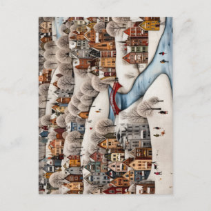 Winter Village Scene Cozy Snowy Town Holiday Postcard