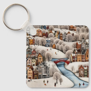 Winter Village Scene Cozy Snowy Town Key Ring