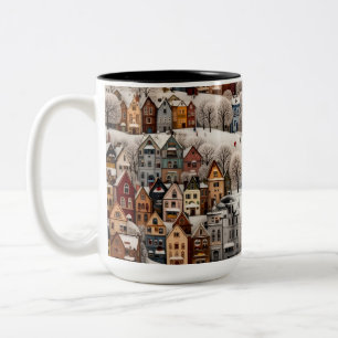 Winter Village Scene Cozy Snowy Town Two-Tone Coffee Mug