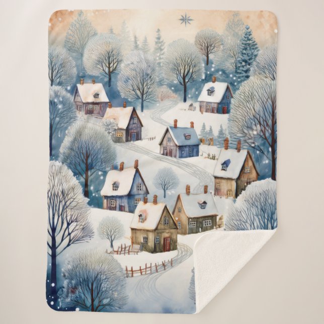 Winter Village Scene Design Sherpa Blanket (Front)