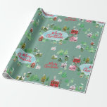 Winter Village Scene Merry Christmas Wrapping Paper<br><div class="desc">This charming wrapping paper features original whimsical paintings of a winter village,  tiny houses,  snowflakes,  pine trees,  and an icy pond on a mint green background. 

Matching gift tags and stickers available.</div>