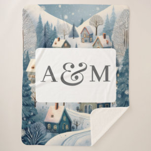Winter Village Scene with Dual Monogram Sherpa Blanket