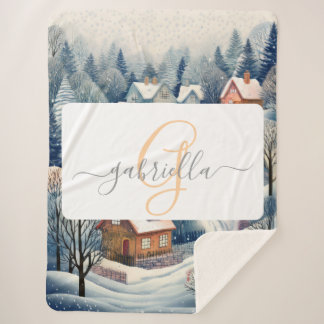 Winter Village Scene with Monogram & Name Sherpa Blanket