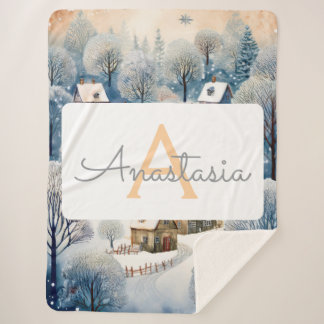 Winter Village Scene with Monogram & Name Sherpa Blanket