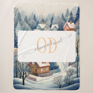 Winter Village Scene with Names & Monogram Sherpa Blanket