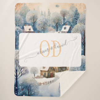 Winter Village Scene with Names & Monogram Sherpa Blanket