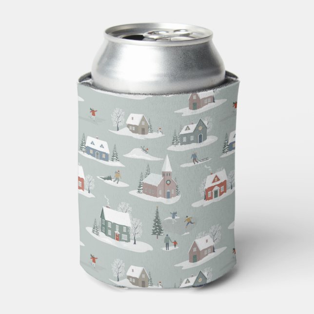 Winter Village Snow Scene Pattern Can Cooler (Can Front)