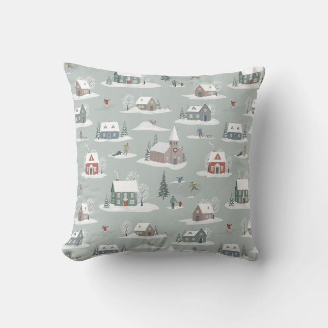 Winter Village Snow Scene Pattern Cushion (Front)