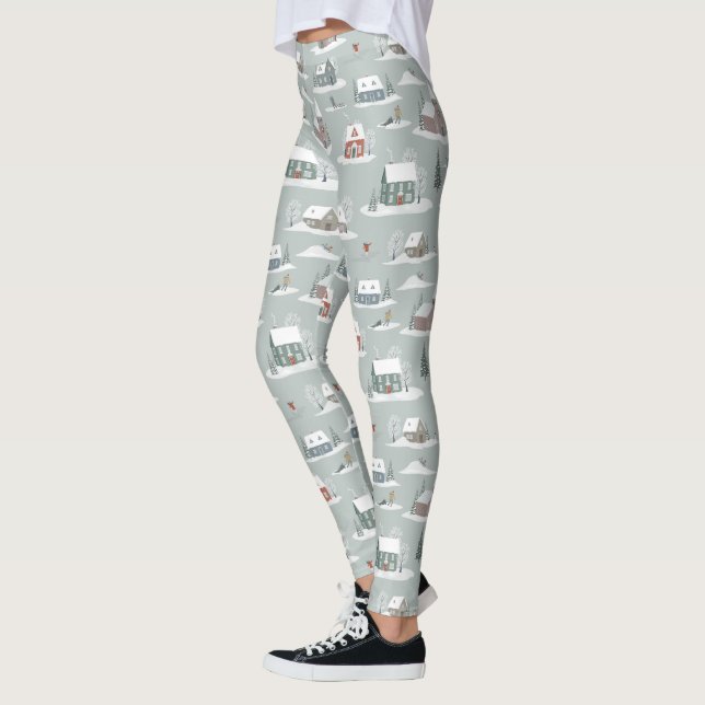 Winter Village Snow Scene Pattern Leggings (Left)