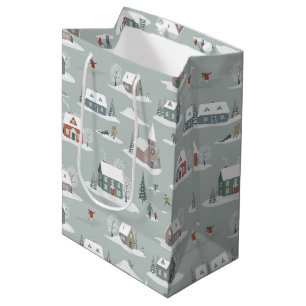 Winter Village Snow Scene Pattern Medium Gift Bag