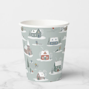 Winter Village Snow Scene Pattern Paper Cups