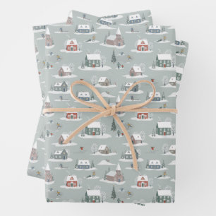 Winter Village Snow Scene Pattern Wrapping Paper Sheet