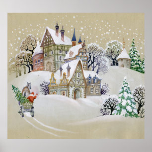 Winter Village: Snowy, Illustrated Landscape. Poster