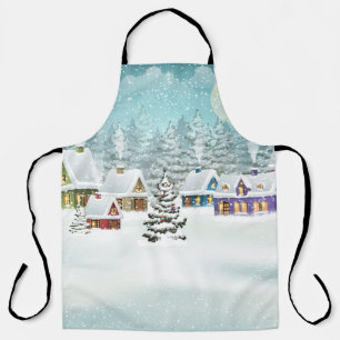 Winter village: snowy landscape scene apron