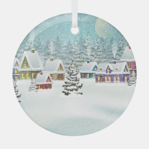 Winter village: snowy landscape scene glass tree decoration