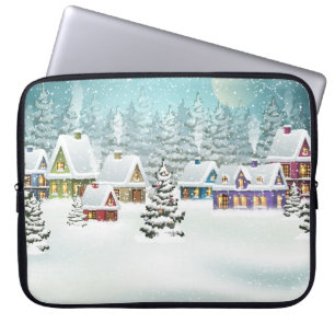 Winter village: snowy landscape scene laptop sleeve