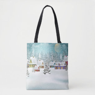 Winter village: snowy landscape scene tote bag