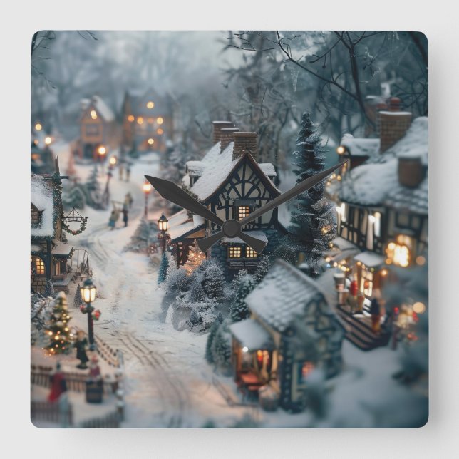 Winter village square wall clock (Front)