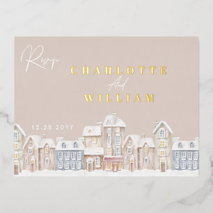 Winter Village Town Christmas Holiday RSVP Foil Invitation Postcard