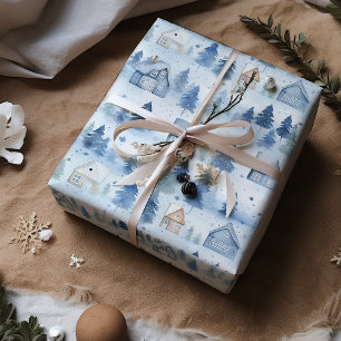 Winter Village Watercolor Snow White Christmas  Wrapping Paper