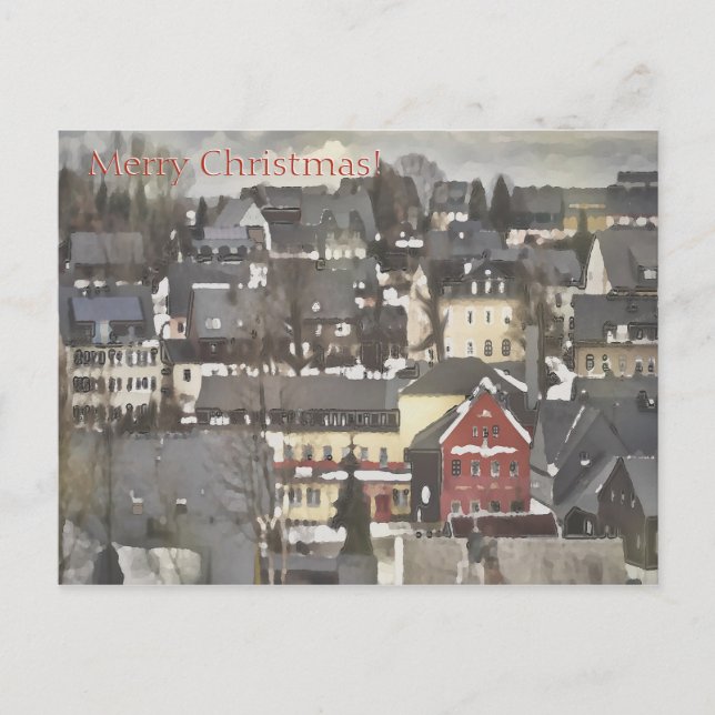 Winter Village with One Red House Merry Christmas Holiday Postcard (Front)