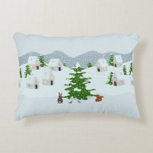 Winter village with snow, bunny, squirrel and pine