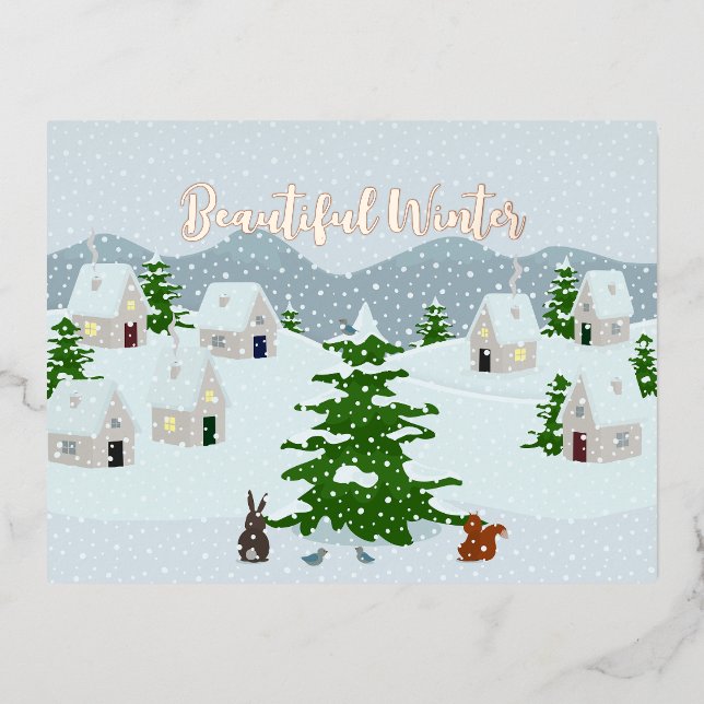 Winter village with snow, bunny, squirrel and pine foil holiday postcard (Front)