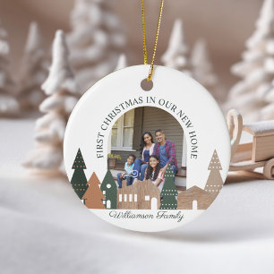 Winter Village Woodgrain First Christmas Photo Ceramic Tree Decoration