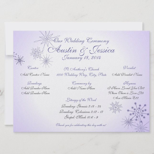Winter Violet Snowflake Wedding Program Invitation (Front)