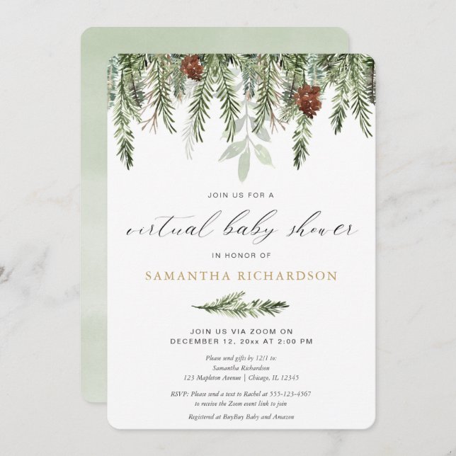 Winter Virtual Baby Shower gender neutral pine Invitation (Front/Back)