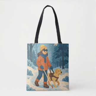 Winter Walk with Guide Dog Illustration Tote Bag