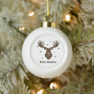 Winter Wanderer Rustic Stag Majestic Deer & Snow Ceramic Ball Christmas Ornament