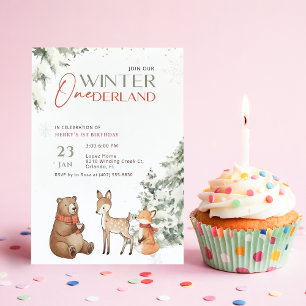 Winter Watercolor Animal Onederland First Birthday Invitation