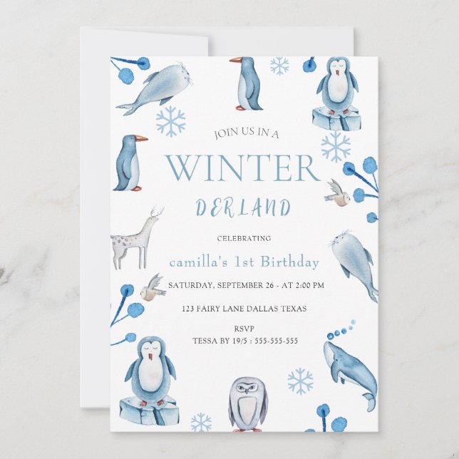 Winter Watercolor Arctic Animals 1st Birthday Invi Invitation (Front)