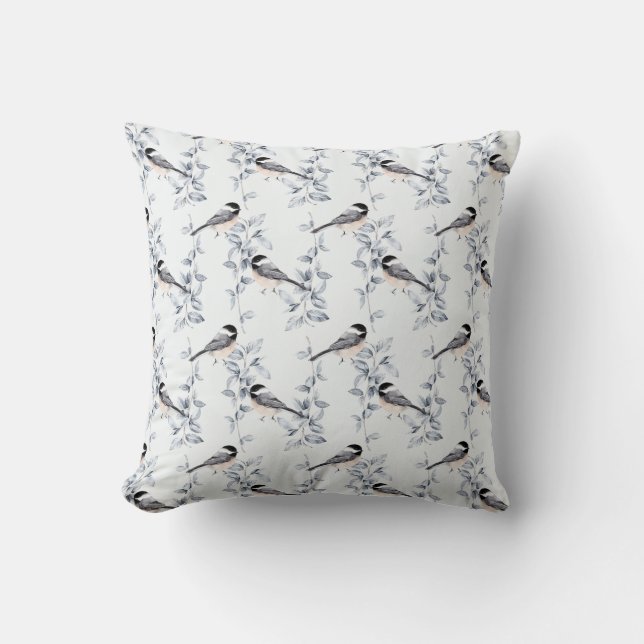 Winter Watercolor Birds Botanical Pattern Cushion (Front)