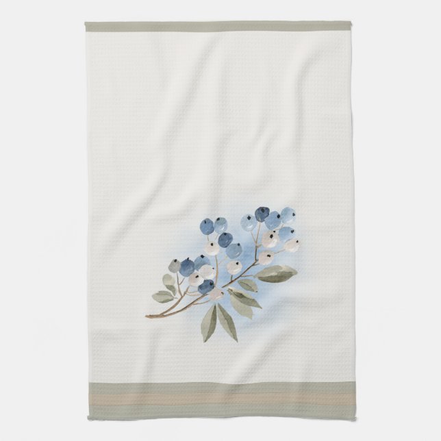 Winter Watercolor Blue Berry Botanical Tea Towel (Vertical)