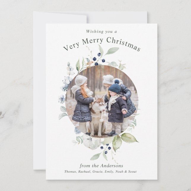Winter Watercolor Botanical Holiday Photo Card (Front)