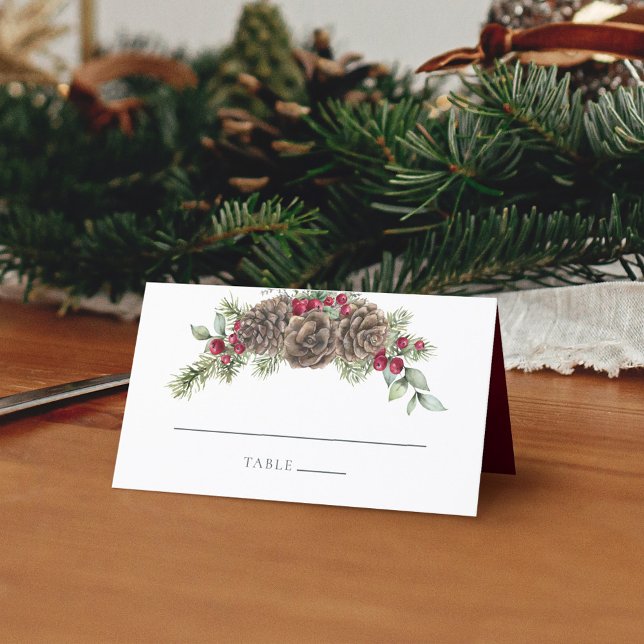 Winter Watercolor Botanical Pine Cone Wedding Place Card (Creator Uploaded)