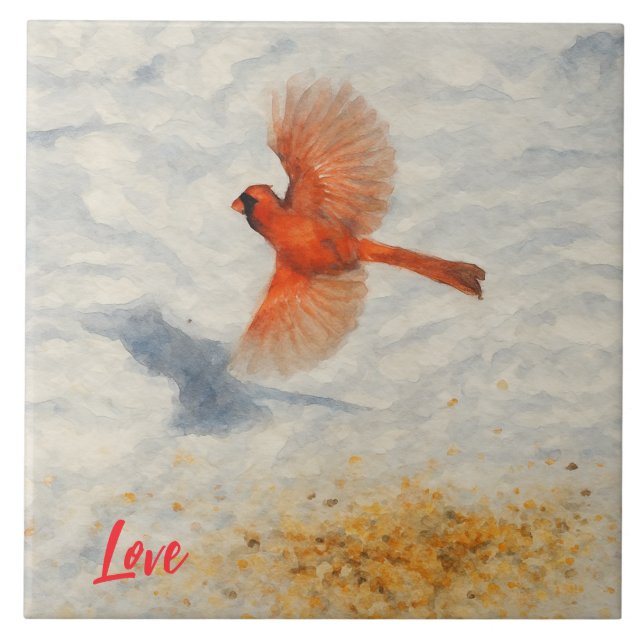 Winter Watercolor Cardinal in Flight Tile (Front)