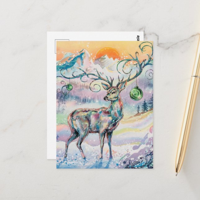 Winter Watercolor Christmas Deer Postcard (Front/Back In Situ)