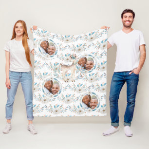 Winter Watercolor Deer Flowers Blue PHOTO Blanket