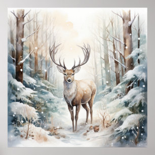 Winter Watercolor Deer Poster