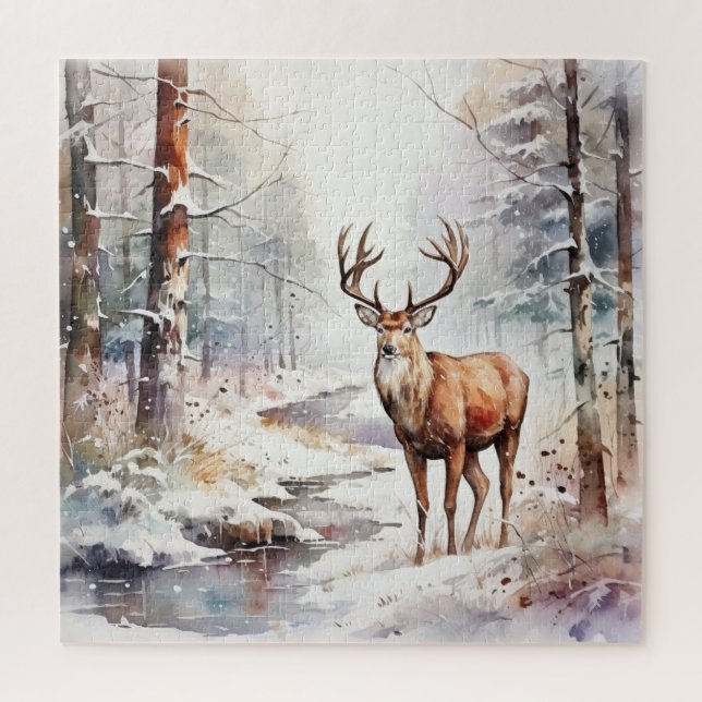 Winter Watercolor Deer Puzzle (Vertical)