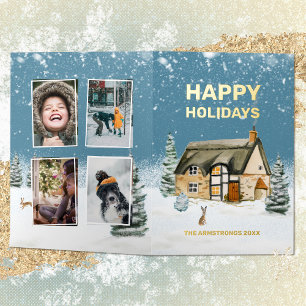 Winter Watercolor Farmhouse Family Photo Foil Holiday Card