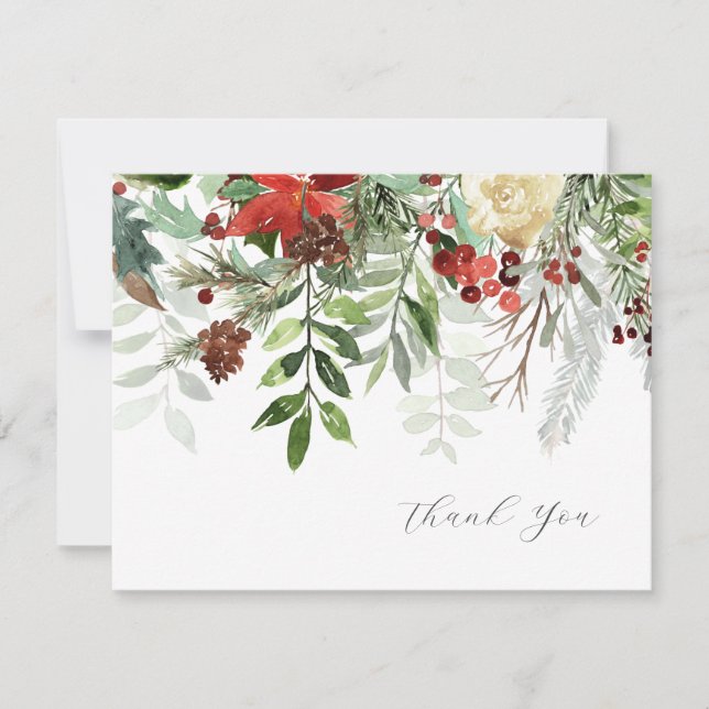Winter Watercolor Floral Greenery Thank You Cards (Front)