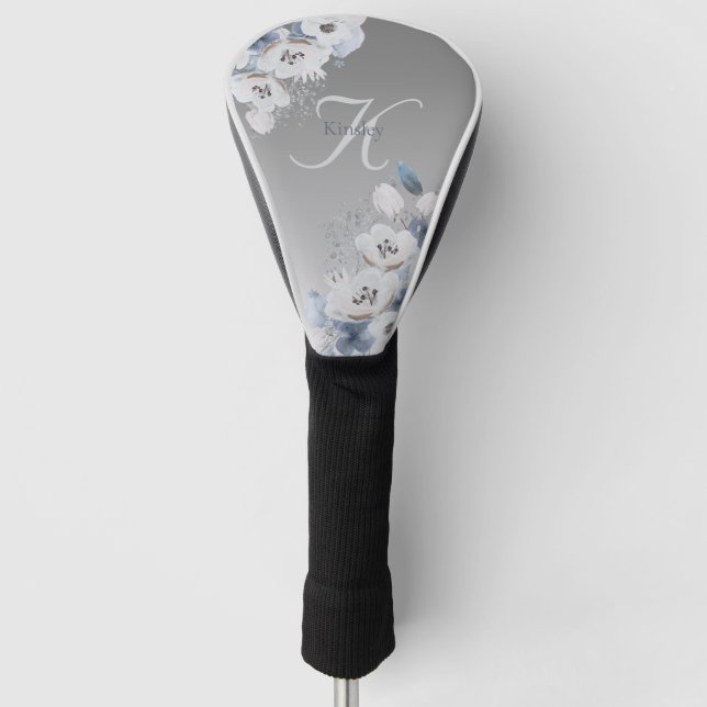 Winter Watercolor Floral Monogram Personalised Golf Head Cover (Front)