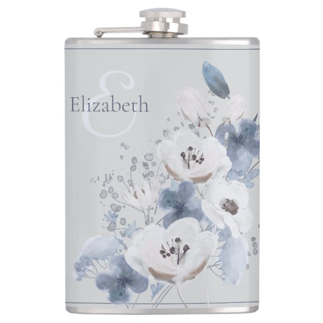 Winter Watercolor Floral Monogram Personalised Hip Flask (Front)