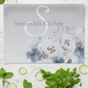 Winter Watercolor Floral Monogram Personalised Tea Towel